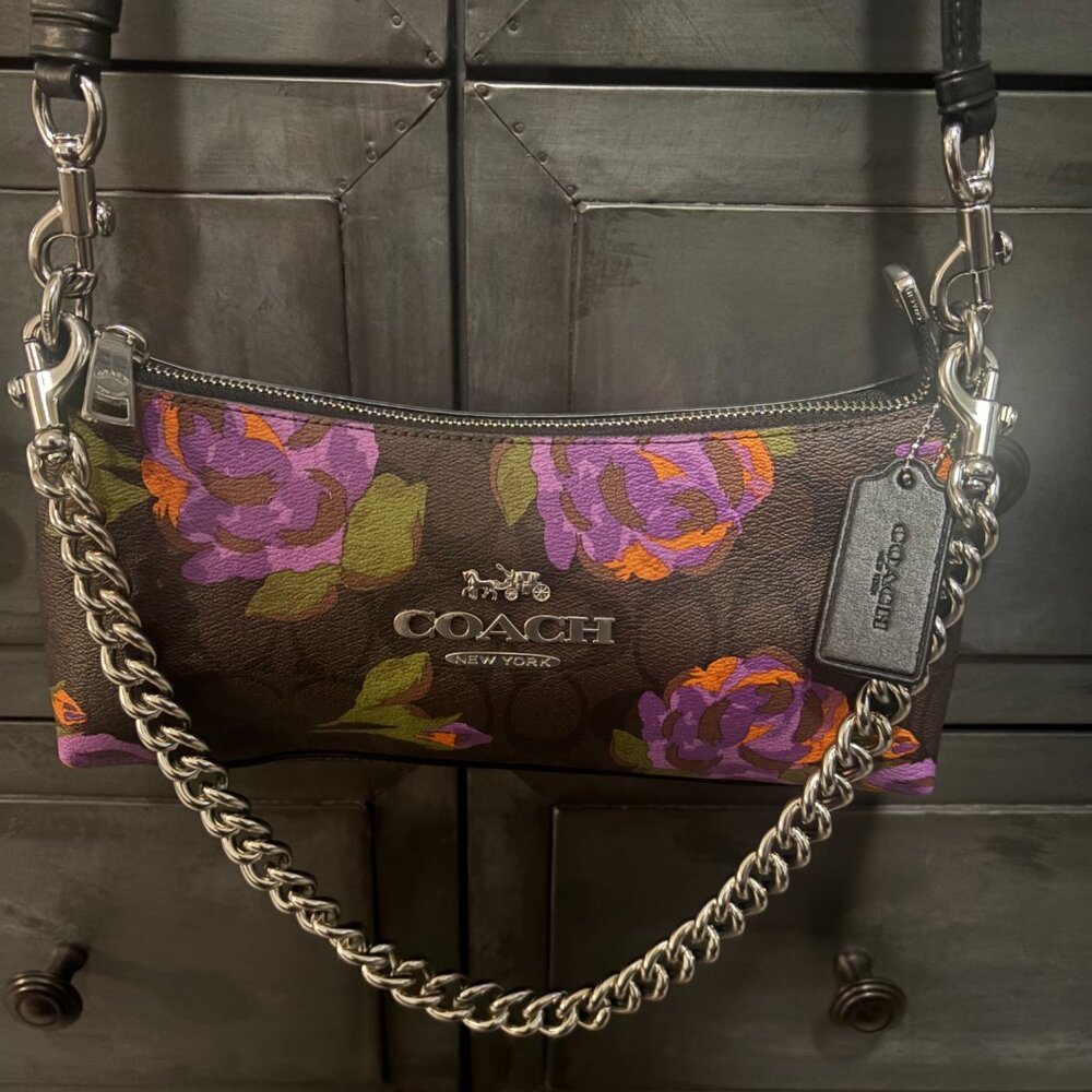 Coach Brown Leather Shoulder Bag with Purple and Orange Floral Print - Picture 8 of 10